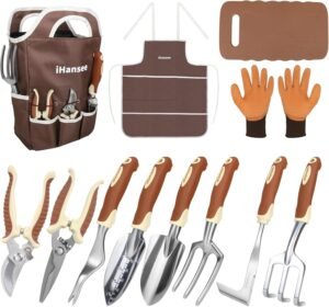 iHansee Brown Gardening Tools Set 12-Piece Heavy Duty Garden Hand Tool Kit